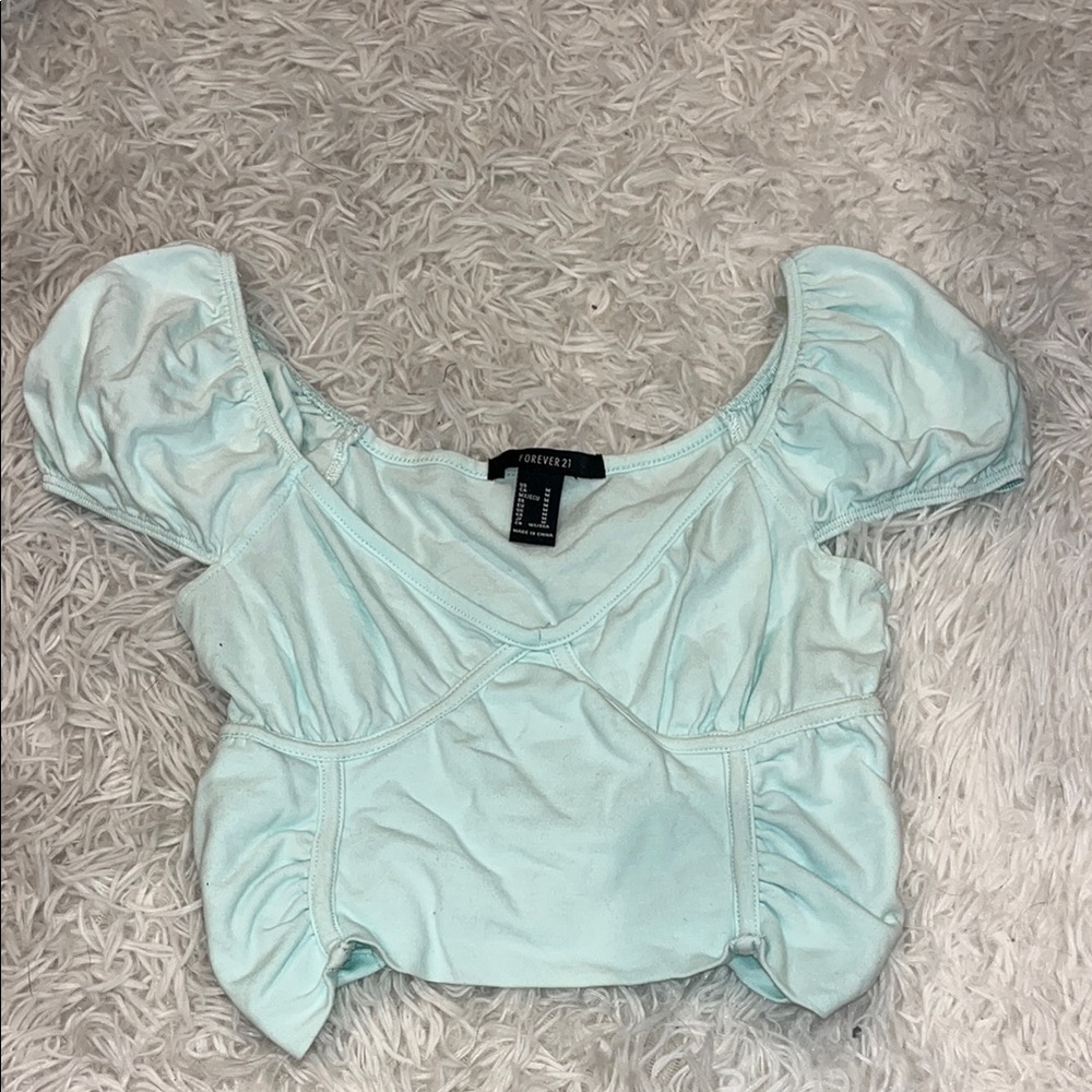 Forever 21 Green Puff Sleeve Crop Blouse